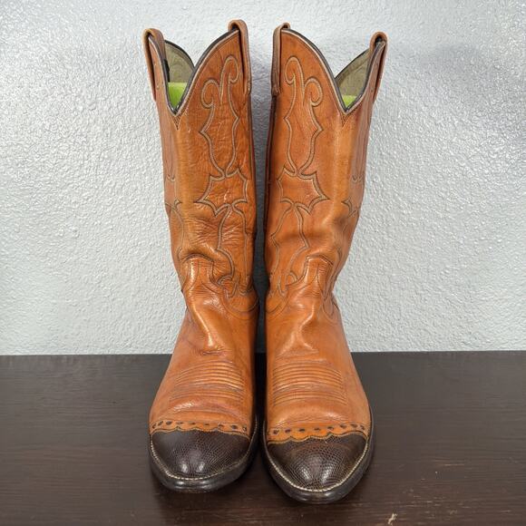 Vtg DAN POST Brown Tan Leather Pointy Toe Cowboy Western Rodeo Boots Size 9 EW main image 9
